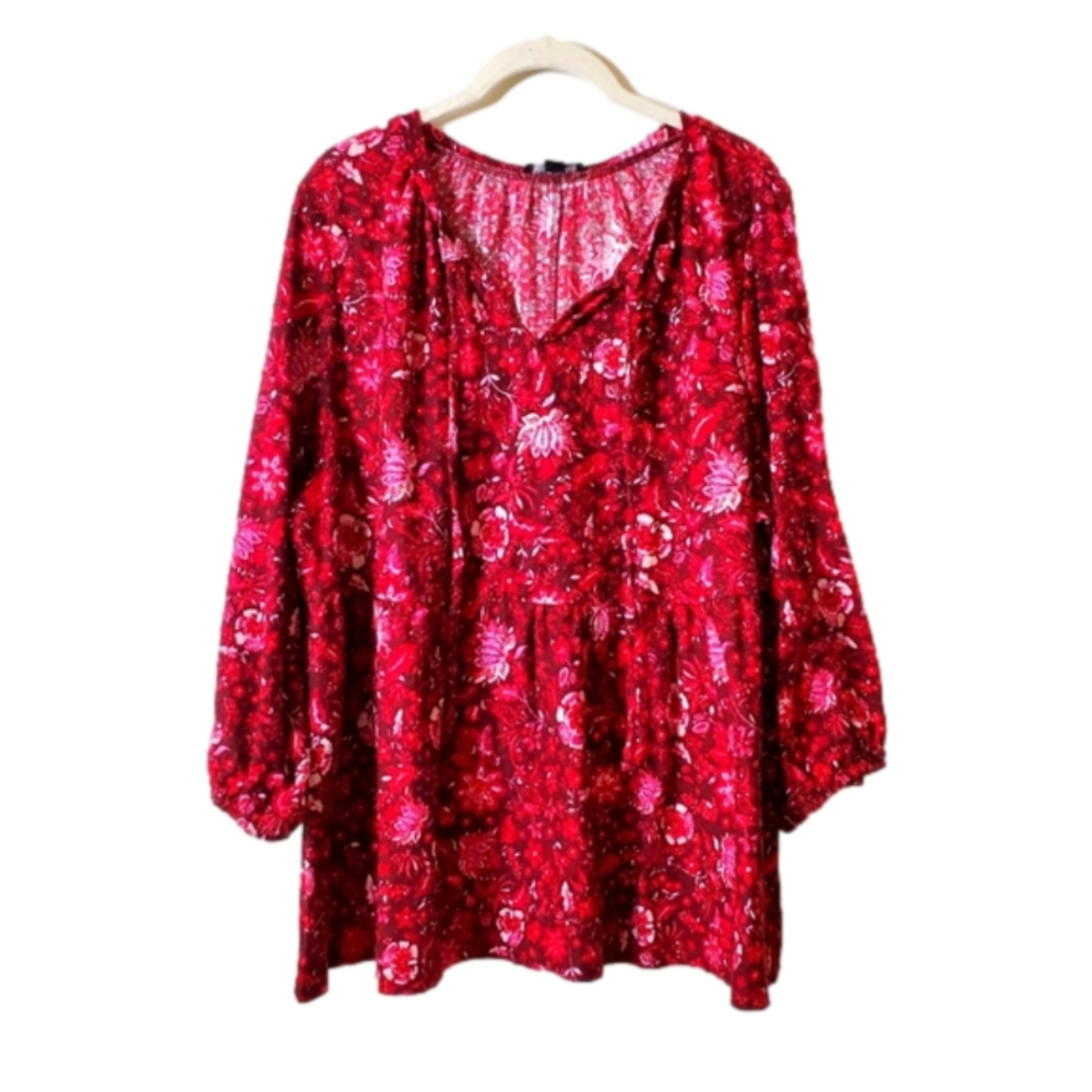 Lane Bryant Red Floral Balloon Sleeve Babydoll Style Blouse Top